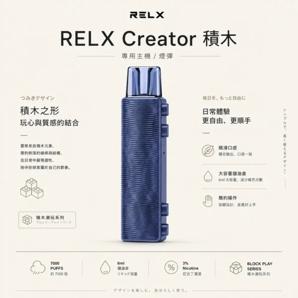 RELX 悅刻 Creator 積木拋棄式電子煙入門組｜7000口容量，配備6ml儲油倉與3%尼古丁鹽