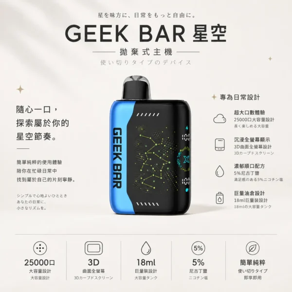 ChatGPT-Image-2026年8月22日-下午07_29_27.webp 【買5贈1】GEEK BAR Pulse X 星空系列 25000口 拋棄式電子煙|首創 3D 曲面全螢幕視覺設計,搭配 18ml 巨量裝與 5% 尼古丁鹽,帶來強勁擊喉與超長效續航體驗
