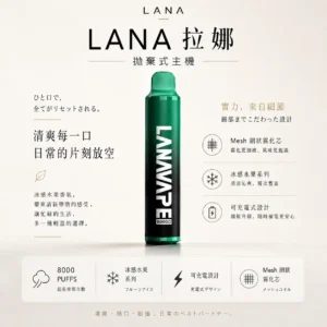 LANA ZOLT 8000口 拋棄式電子煙｜具備 15ml 煙油與冰感水果系列清爽口感，採用 Mesh 網狀霧化芯爆發力強，配置可充電式設計