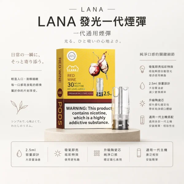 ChatGPT-Image-2026年8月23日-下午04_53_19.webp LANA 一代通用煙彈(3顆裝)|具備吸氣即亮炫彩特效與升級陶瓷芯純淨口感,採用 2.5ml 大容量設計,通用一代主機