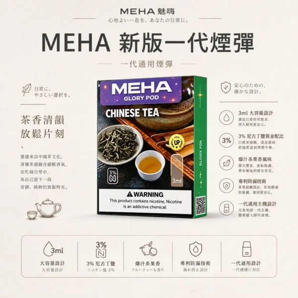 MEHA 魅嗨 一代通用煙彈 3ml大容量｜主打爆汁系果香與 3%尼古丁鹽順滑擊喉，具備專利防漏技術且通用一代主機