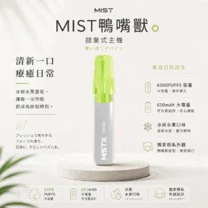 Mist X 鴨嘴獸 6500口 拋棄式電子煙｜具備冰爽水果口味清涼口感與 2% 尼古丁鹽配置，搭載 550mAh 大電量可充電續航，結合獨家萌系外觀設計