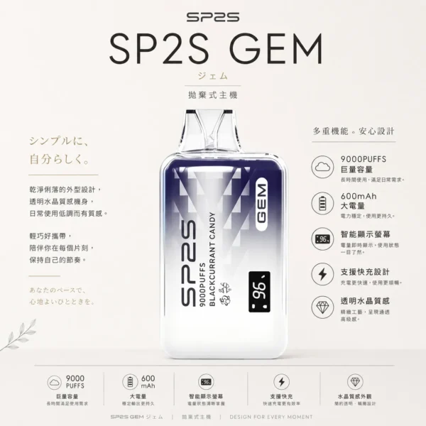 SP2S 思博瑞 GEM 9000口 拋棄式電子煙｜擁有 9000口巨量裝煙油續航天花板與 600mAh 大電量支援快充，結合透明水晶質感與智能顯示螢幕