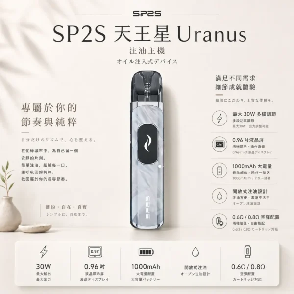 SP2S 天王星 Uranus 開放式注油小煙主機｜具備最大 30W 多檔調節爆發輸出與 1000mAh 大電量，搭配 0.96 吋液晶屏精準顯示，內含 0.6Ω/0.8Ω 空彈並通用小煙煙油