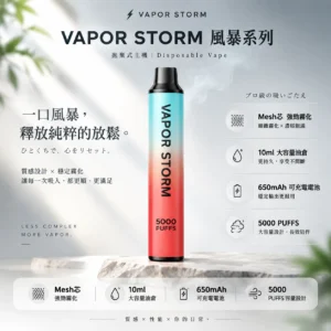 VAPOR STORM 風暴 5000口 拋棄式電子煙｜具備 10ml 大容量與 Mesh 芯強勁霧化技術，採用金屬質感機身設計，搭配 650mAh 可充電長效續航