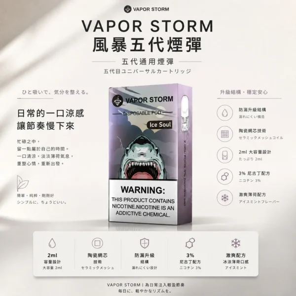 ChatGPT-Image-2026年8月25日-下午10_07_26.webp VAPOR STORM 風暴 五代通用煙彈|具備 2ml 激爽配方不嗆喉與升級陶瓷網芯防漏技術,採用 3% 尼古丁鹽極致濃郁調配,通用五代主機