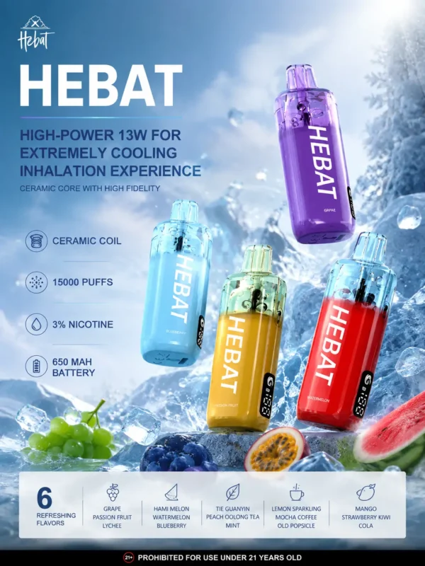 Hebat 喜貝 15000口 拋棄式電子煙｜採用細膩霧化技術與 650mAh 極速快充，具備穩壓續航與 3% 尼古丁鹽精準擊喉，帶來味蕾澎湃盛宴