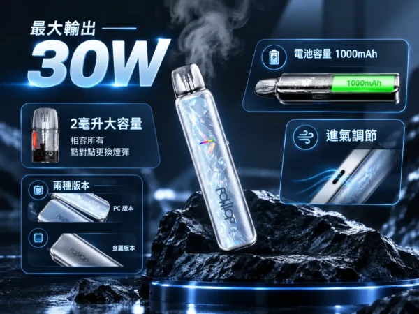 DotPod Lite 側注油主機｜具備 30W 輸出與 1000mAh 大電池，採用 2ml 容量側邊填油設計並支援 Type-C 快充，通用小煙煙油