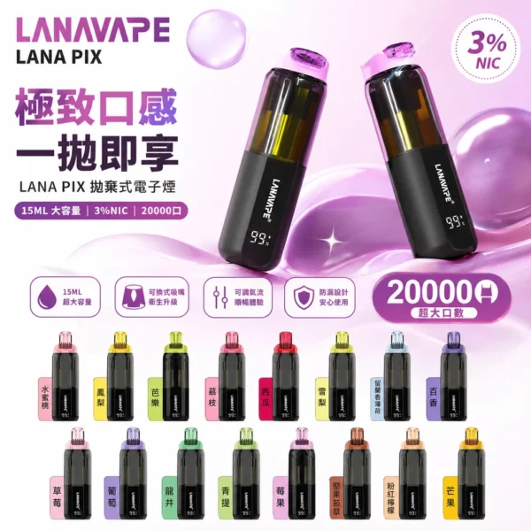 ChatGPT_Image_2026_7_14_13_19_53.webp LANA PIX 閃光彈 20000口拋棄式電子煙|可摺疊式吸嘴,配備 15ml儲油、850mAh電池與 Mesh網芯