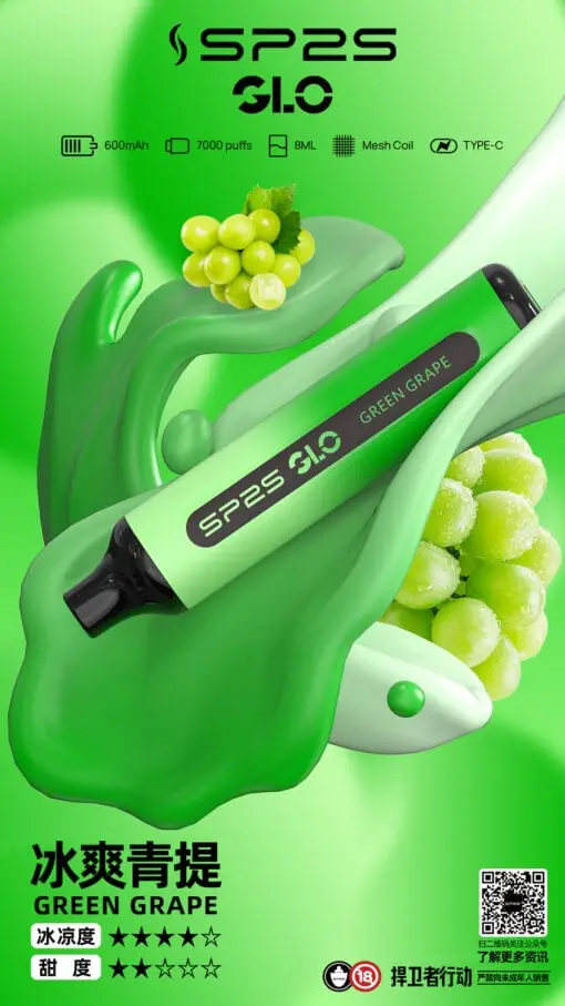 DM_20250516180412_004.webp SP2S GLO 7000口 拋棄式電子煙|搭載 Mesh 霧化核心與 30mg 尼古丁鹽,具備 8ml 巨量裝煙油續航,並支援 Type-C 高效快充