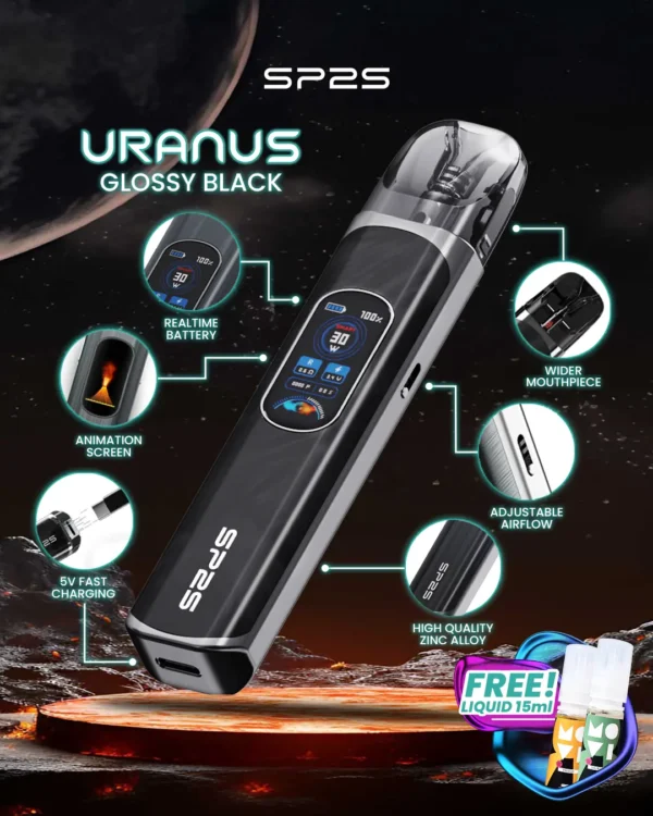 SP2S 天王星 Uranus 開放式注油小煙主機｜具備最大 30W 多檔調節爆發輸出與 1000mAh 大電量，搭配 0.96 吋液晶屏精準顯示，內含 0.6Ω/0.8Ω 空彈並通用小煙煙油