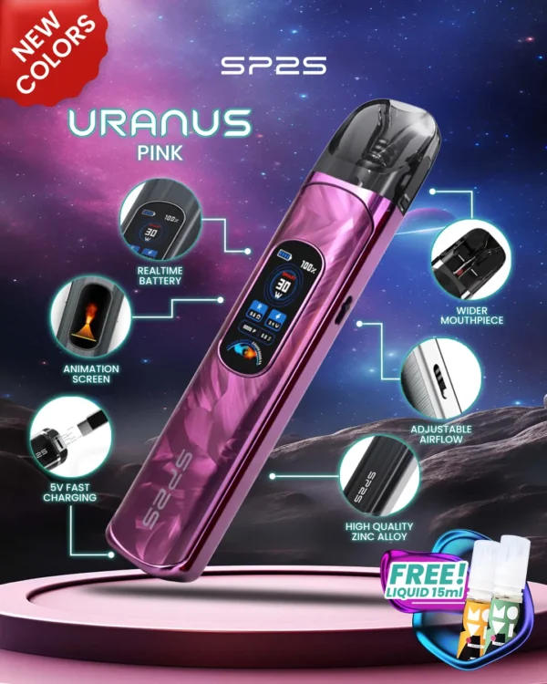 SP2S 天王星 Uranus 開放式注油小煙主機｜具備最大 30W 多檔調節爆發輸出與 1000mAh 大電量，搭配 0.96 吋液晶屏精準顯示，內含 0.6Ω/0.8Ω 空彈並通用小煙煙油
