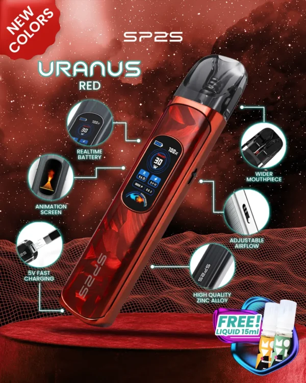 SP2S 天王星 Uranus 開放式注油小煙主機｜具備最大 30W 多檔調節爆發輸出與 1000mAh 大電量，搭配 0.96 吋液晶屏精準顯示，內含 0.6Ω/0.8Ω 空彈並通用小煙煙油