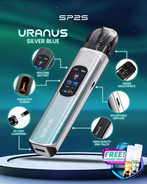 SP2S 天王星 Uranus 開放式注油小煙主機｜具備最大 30W 多檔調節爆發輸出與 1000mAh 大電量，搭配 0.96 吋液晶屏精準顯示，內含 0.6Ω/0.8Ω 空彈並通用小煙煙油