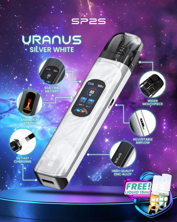 SP2S 天王星 Uranus 開放式注油小煙主機｜具備最大 30W 多檔調節爆發輸出與 1000mAh 大電量，搭配 0.96 吋液晶屏精準顯示，內含 0.6Ω/0.8Ω 空彈並通用小煙煙油