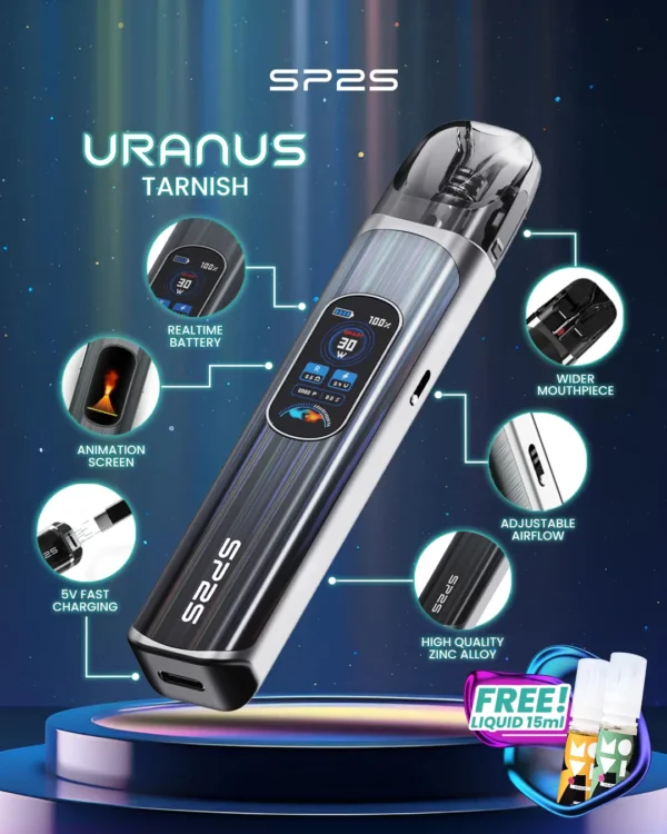 SP2S 天王星 Uranus 開放式注油小煙主機｜具備最大 30W 多檔調節爆發輸出與 1000mAh 大電量，搭配 0.96 吋液晶屏精準顯示，內含 0.6Ω/0.8Ω 空彈並通用小煙煙油