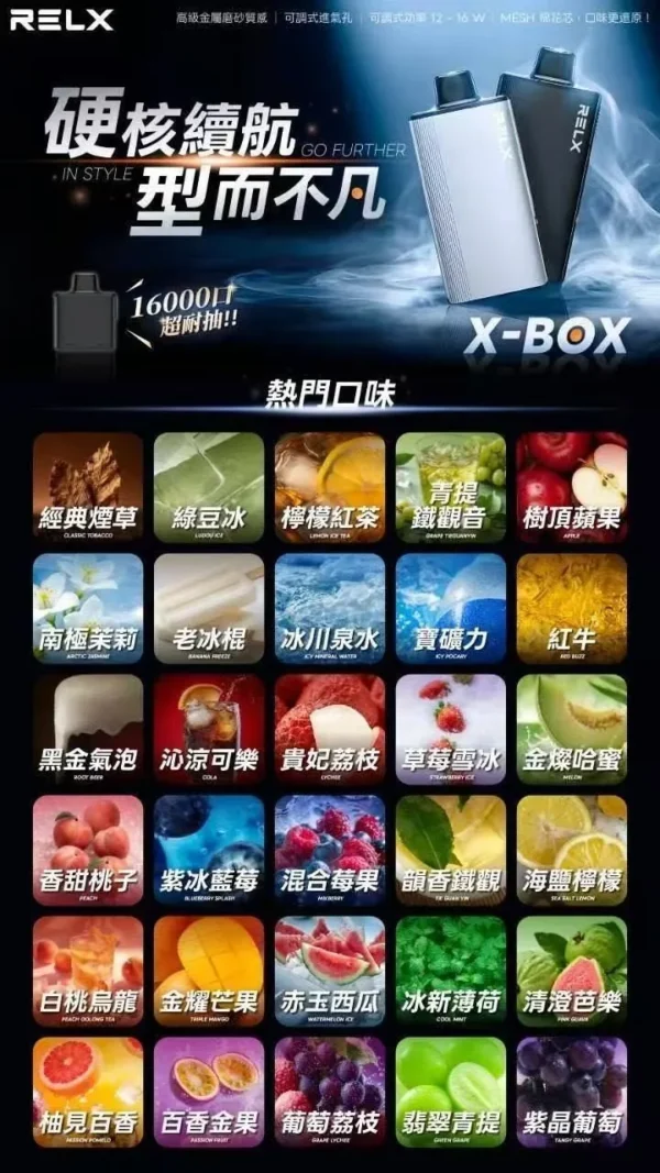 RELX-悅刻-X-BOX-16000口拋棄式電子煙-風味圖.webp RELX 悅刻 X-BOX 16000口專用換彈拋棄式電子煙套裝|支援 12W-16W雙段功率調節,搭載 Mesh網狀芯與 3%尼古丁鹽